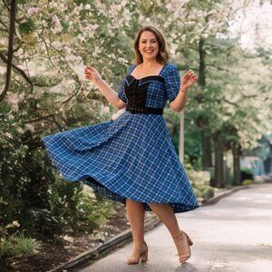 Timeless London Vintage Swing Midi Dress Check Fit & Flare Princess Pocket Sz 14